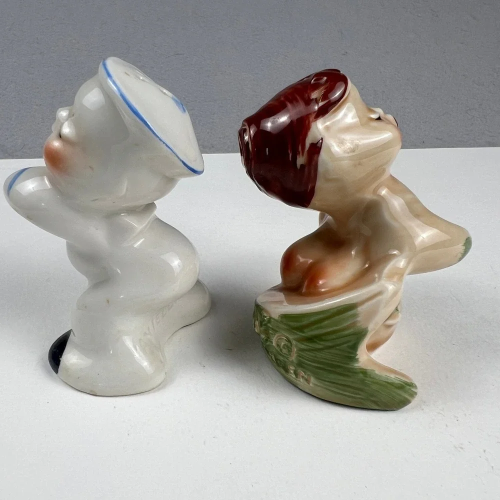 VTG Van Tellingen Salt Pepper Shakers 1940s Mermaid Sailor Kissing Ceramic 4in